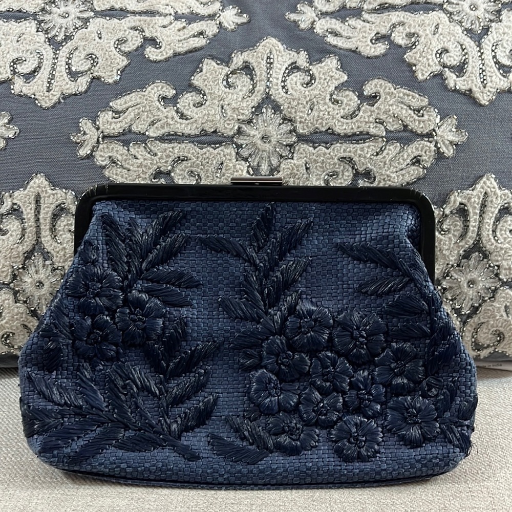 Ann Taylor Blue Straw Woven Floral Clutch & Satchel